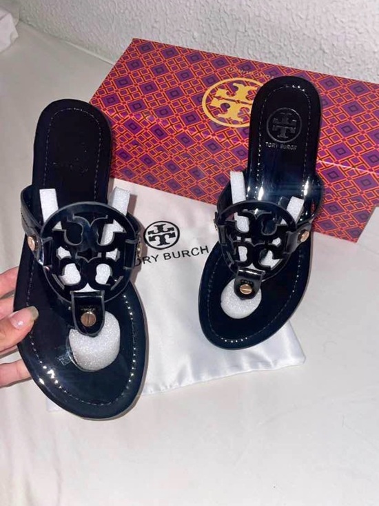Tory Burch Shoes - Tory Burch Black Patent Logo Thong Sandals